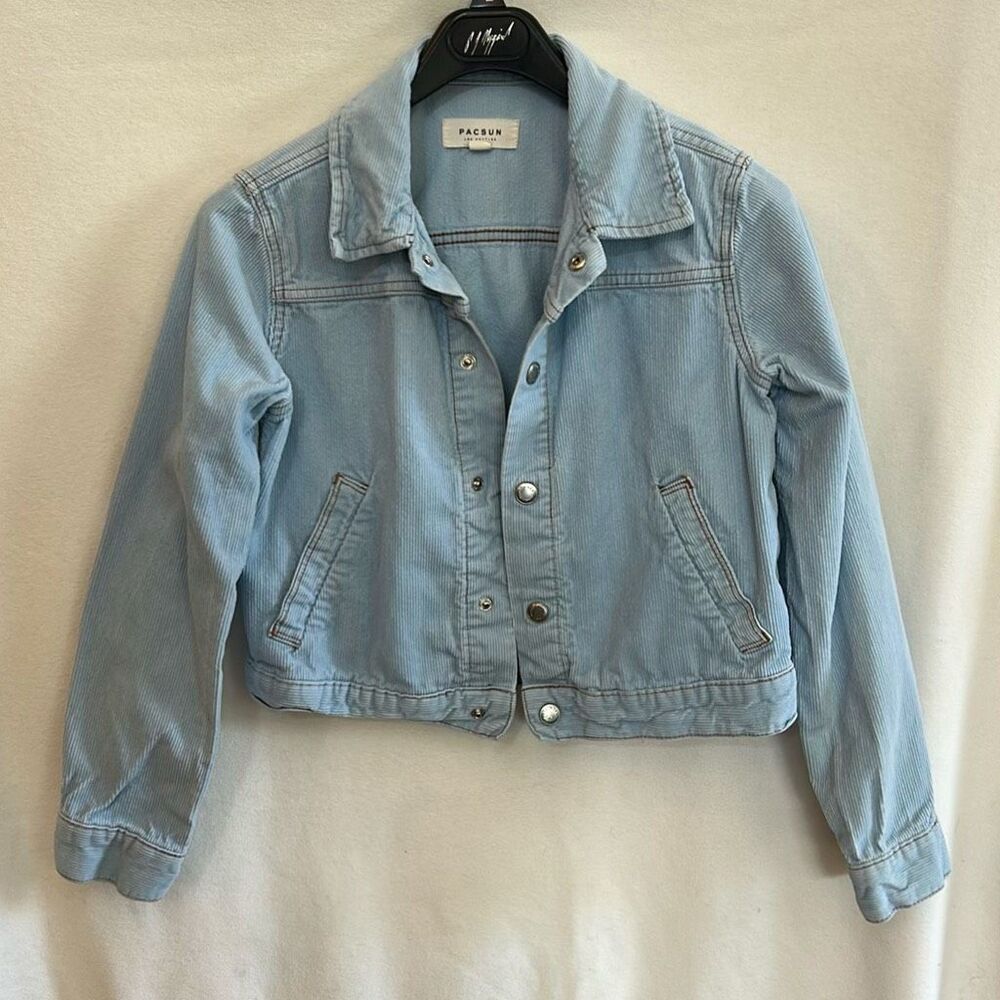 PacSun Lt Blue Corduroy Jacket Snap Button Womens Sz Small Open Hand Pockets